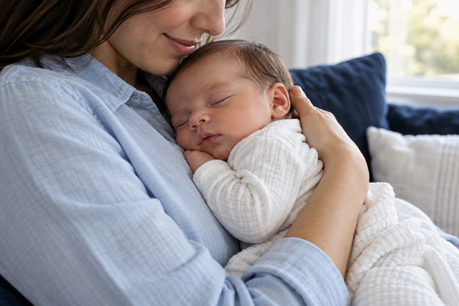 A parent gently holding their sleeping baby