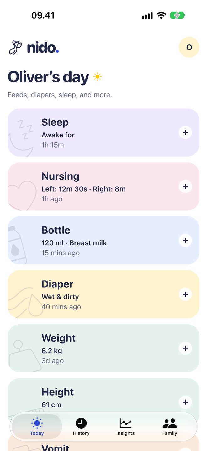 Nido’s Today screen with activity cards for sleep, nursing, bottles, diapers, weight, and height
