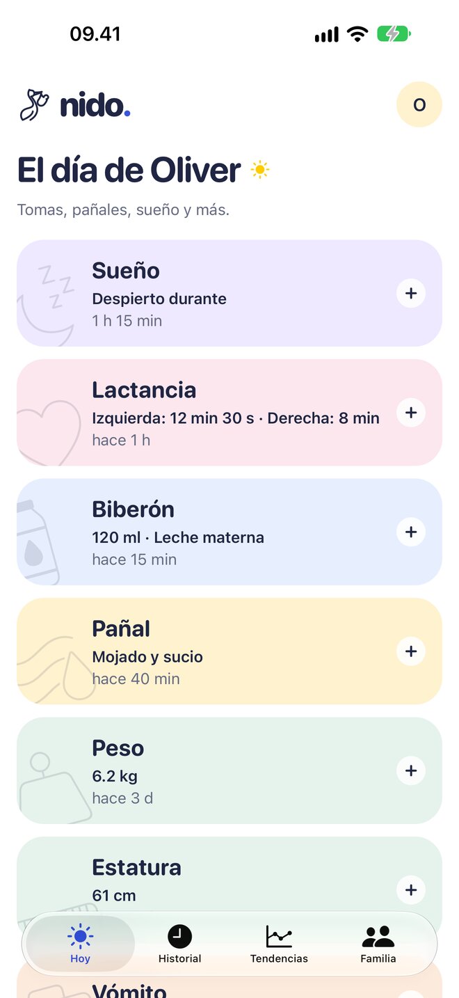 Pantalla Hoy de Nido con tarjetas de sueño, lactancia, biberones, pañales, peso y estatura
